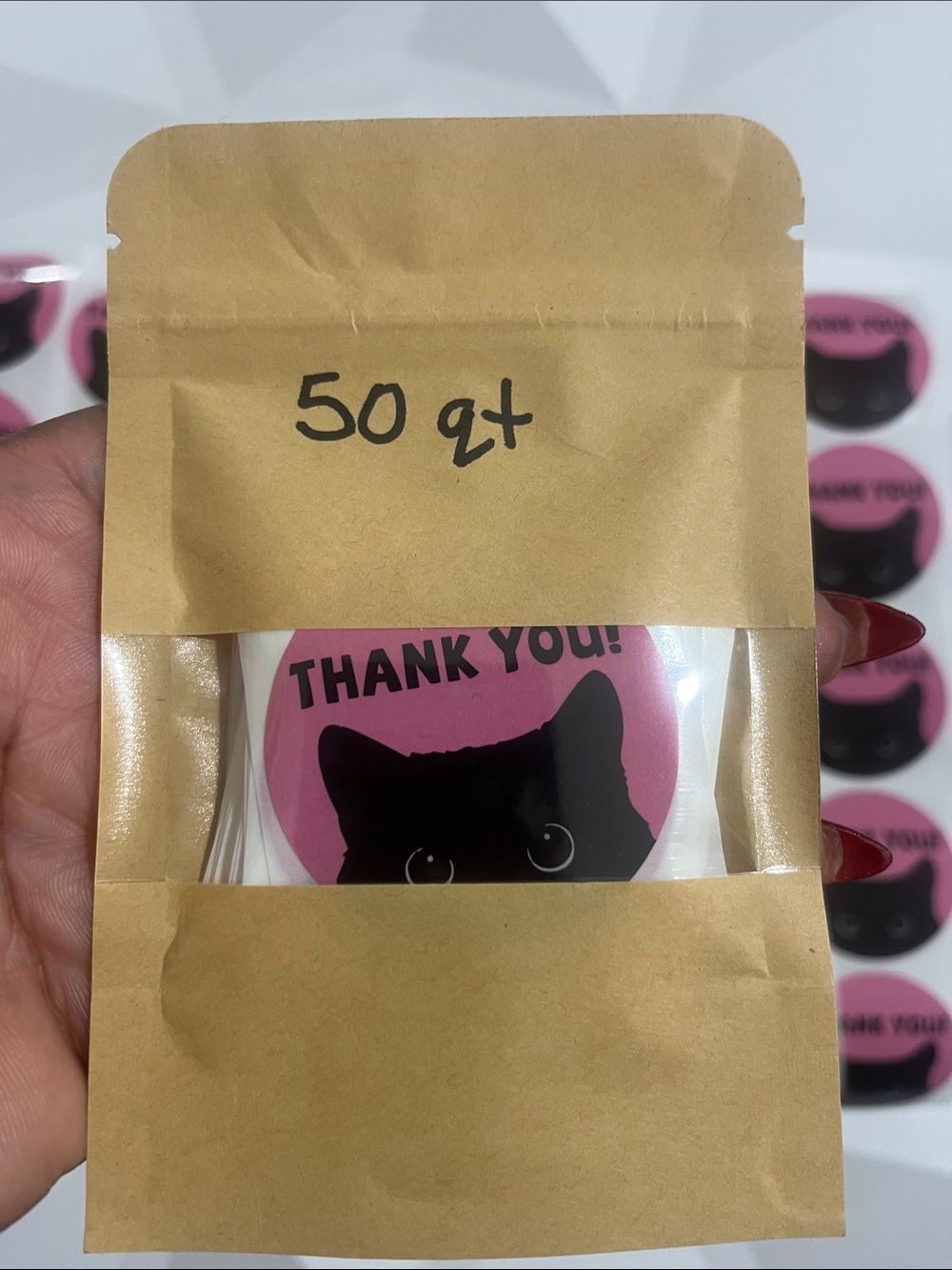 Hand Crafted 50 (2”) Pink Cat Thank You Stickers - Picture 4 of 5